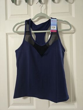 POP Fit Women's Navy Tank Top with Black Mesh Racerback